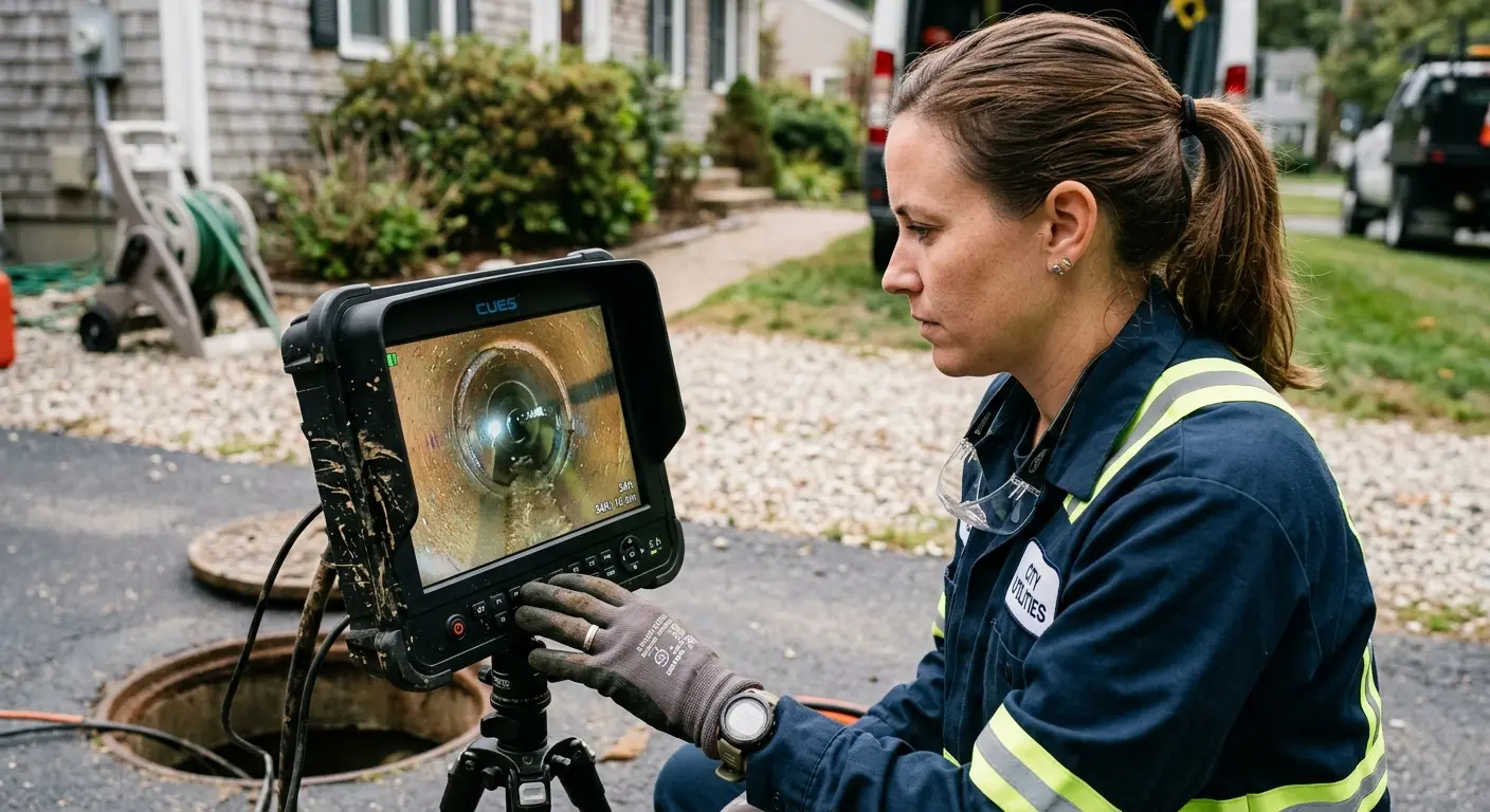 Technician reviewing sewer camera inspection footage in Goose Creek
