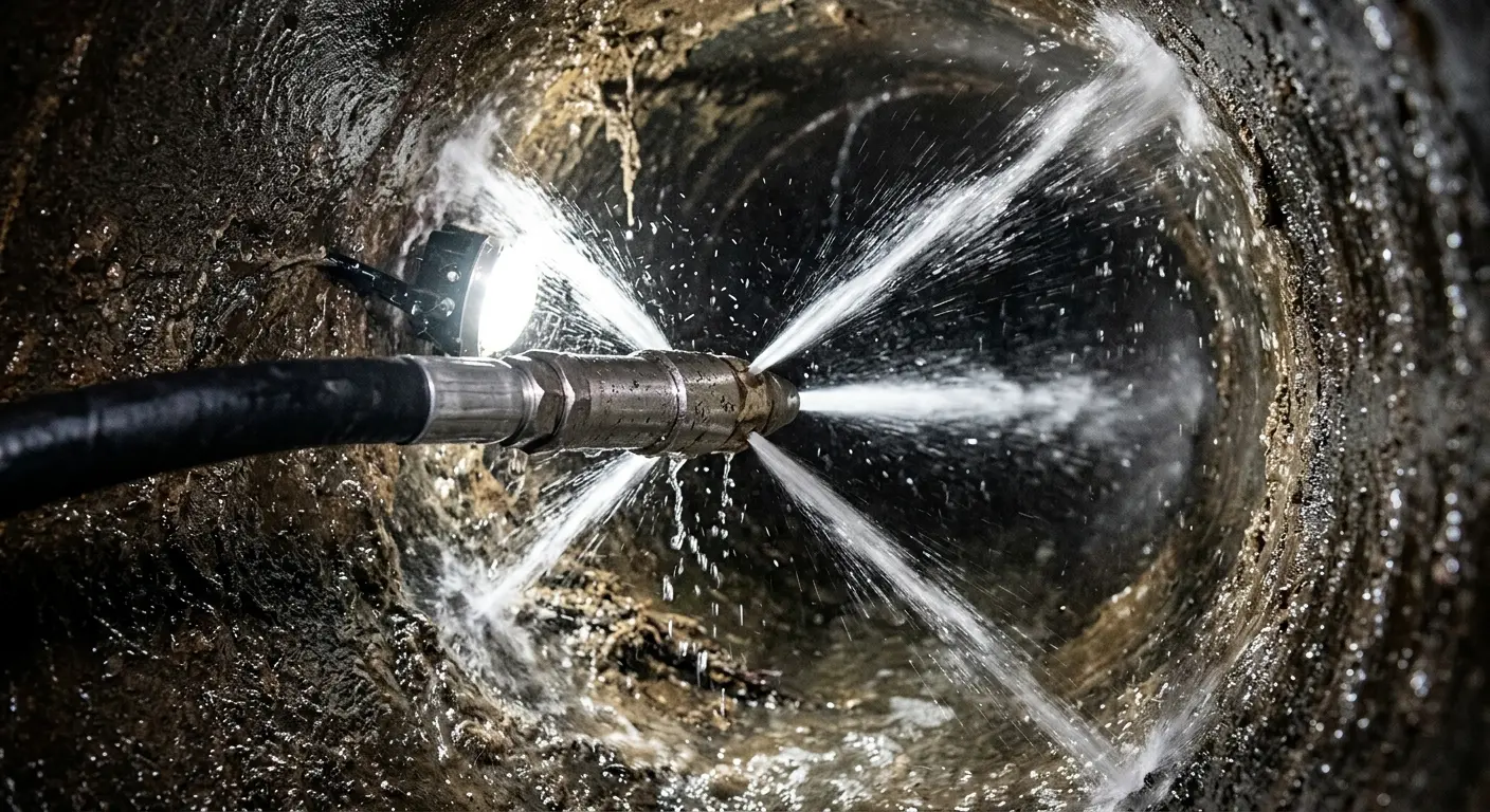 High-pressure hydro jetting nozzle cleaning sewer pipe for Sewer Cleanout in Goose Creek