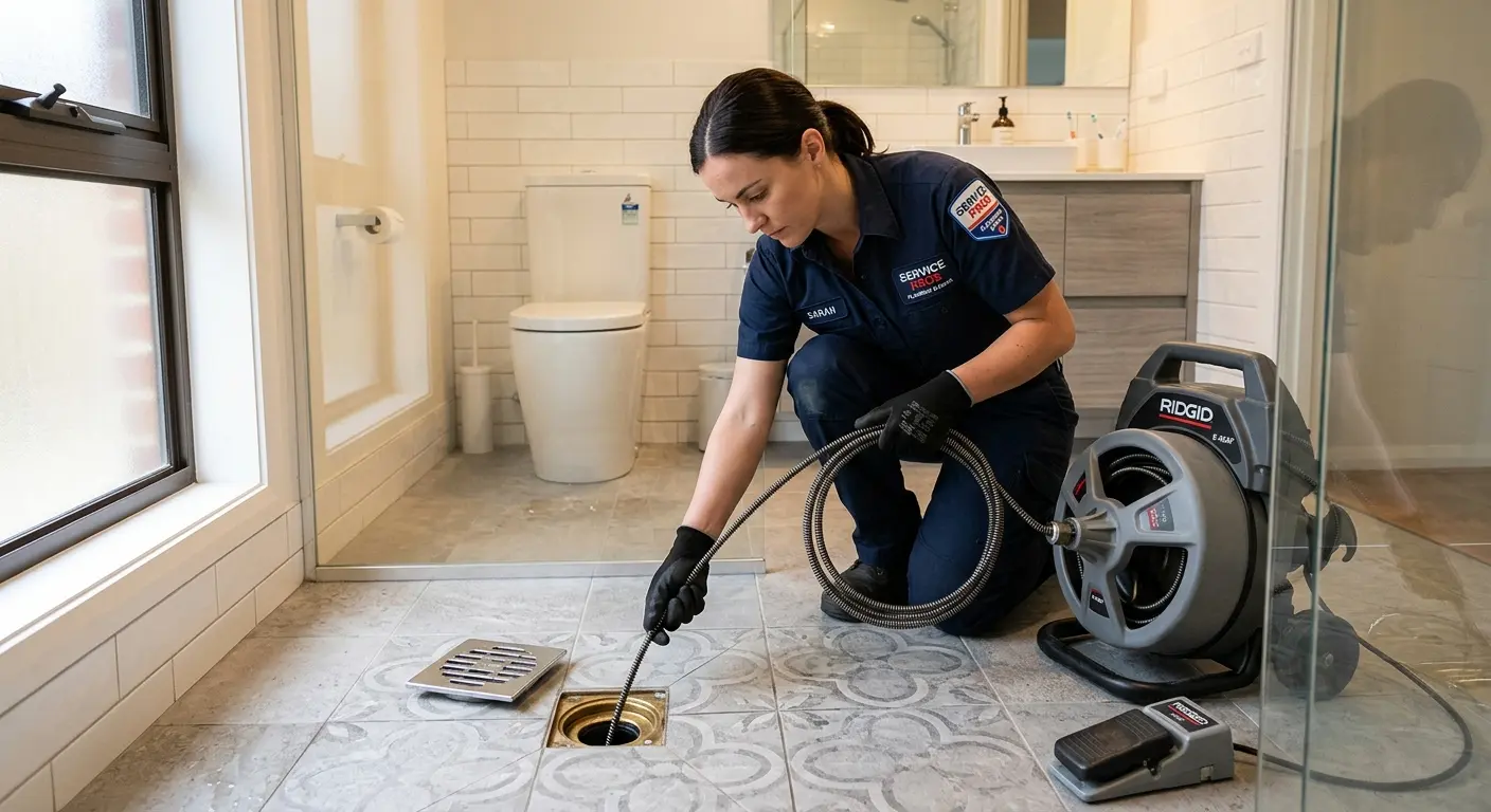 Technician clearing a bathroom floor drain for Sewer Line Installation in Goose Creek